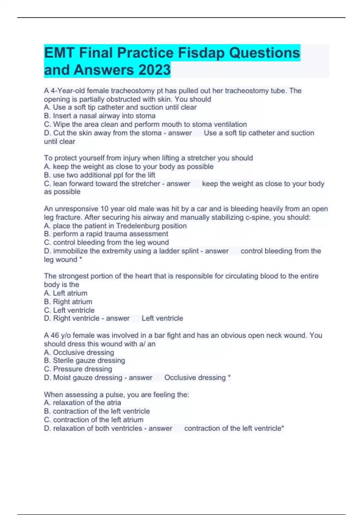 EMT Final Practice Fisdap Questions And Answers 2023 - EMT FISDAP ...