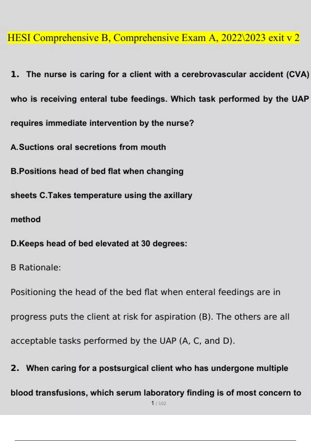 HESI Comprehensive B, Comprehensive Exam A, 2020 Exit V 2 Exam ...