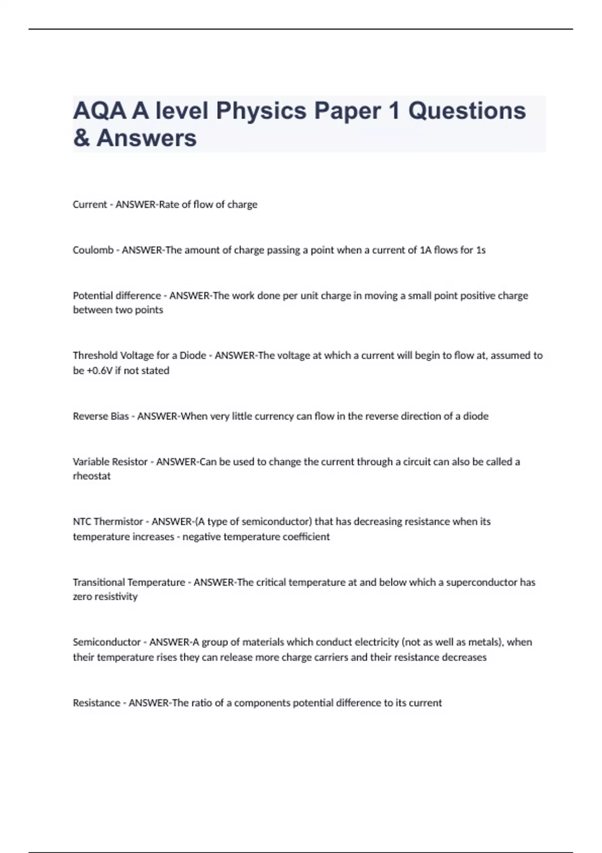 AQA A Level Physics Paper 1 Questions & Answers - AQA A - Stuvia US