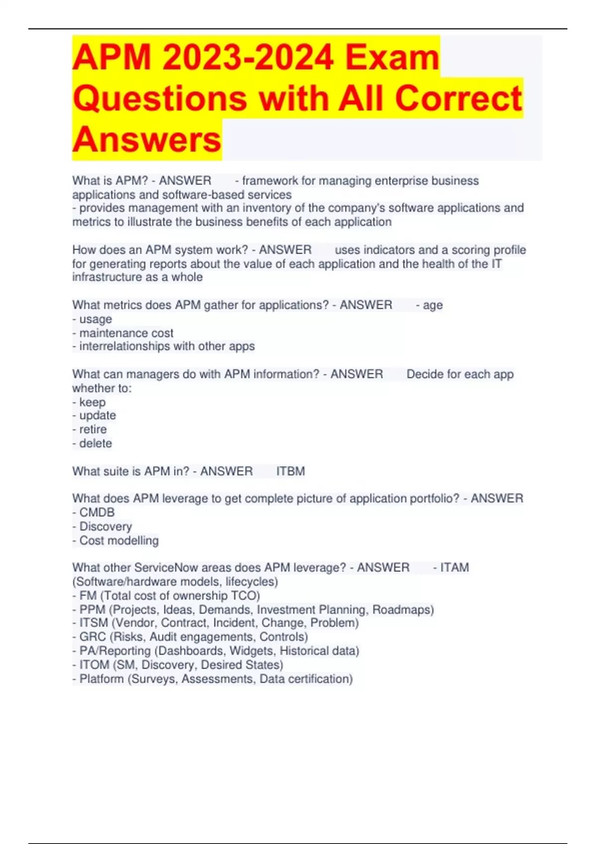 APM Exam Questions with All Correct Answers APM Stuvia US