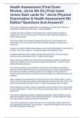 Health Assessment (Final Exam Review; Jarvis 6th Ed.) Final exam review flash cards for "Jarvis Physical Examination & Health Assessment 6th Edition"Questions And Answers!!