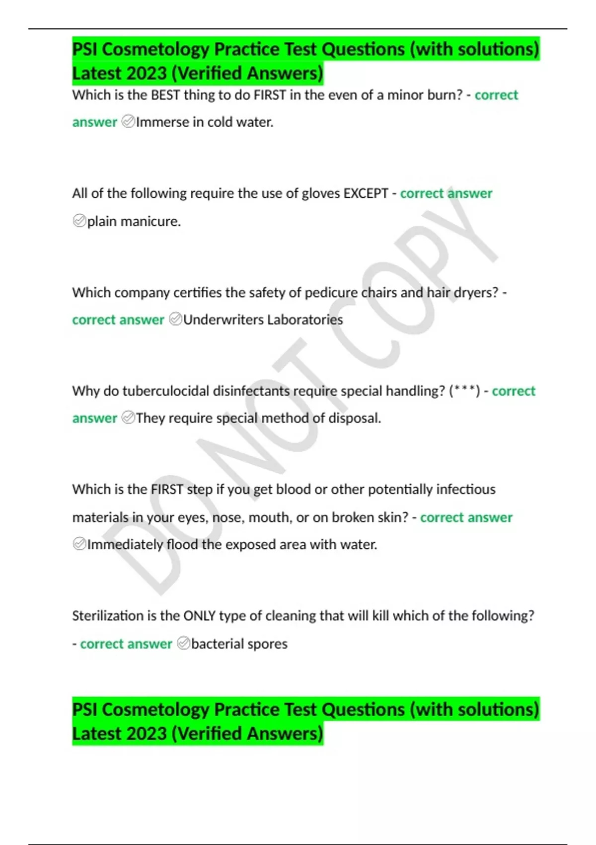 PSI Cosmetology Practice Test Questions (with Solutions) Latest 2023 ...