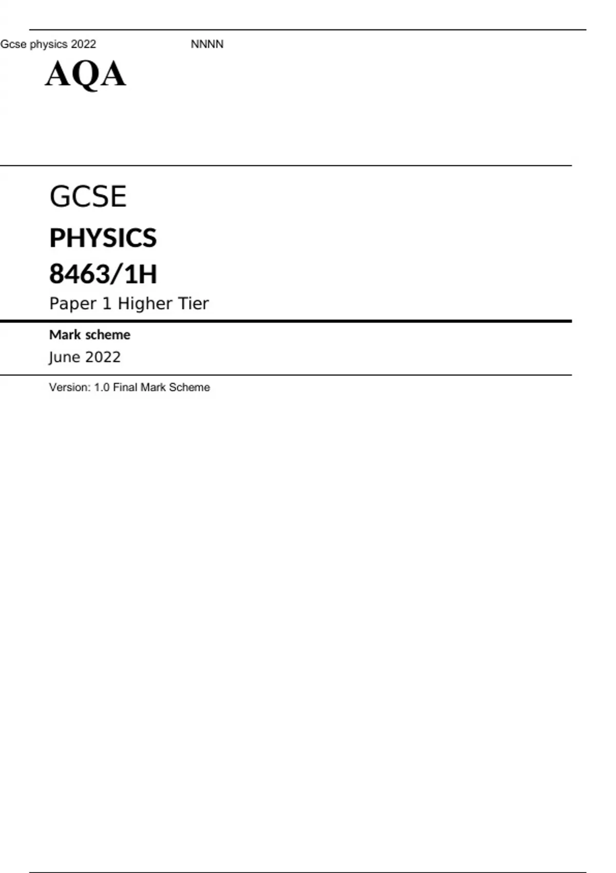 AQA GCSE PHYSICS 8463/1H Paper 1 Higher Tier Mark Scheme June 2022 ...