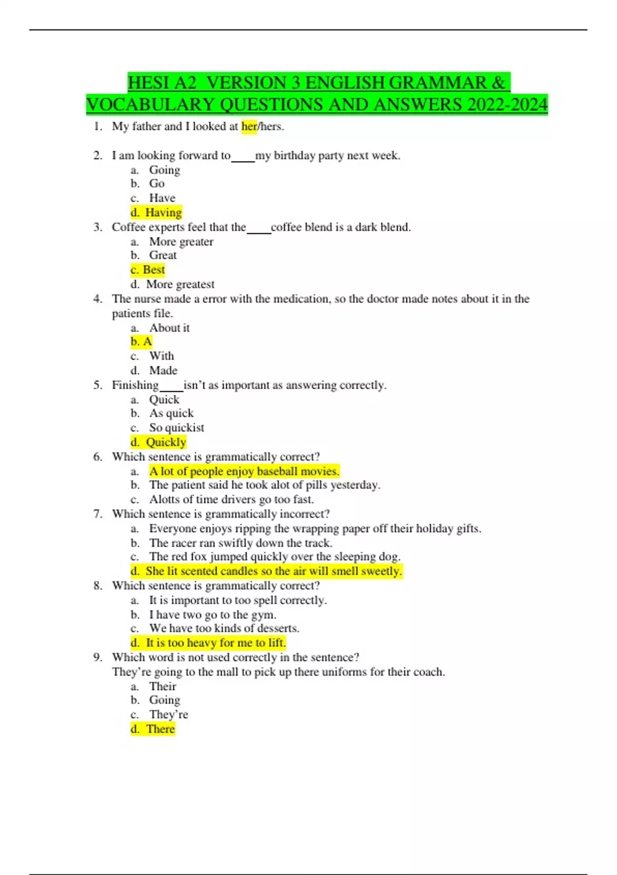 HESI A2 VERSION 3 ENGLISH GRAMMAR & VOCABULARY QUESTIONS AND ANSWERS ...