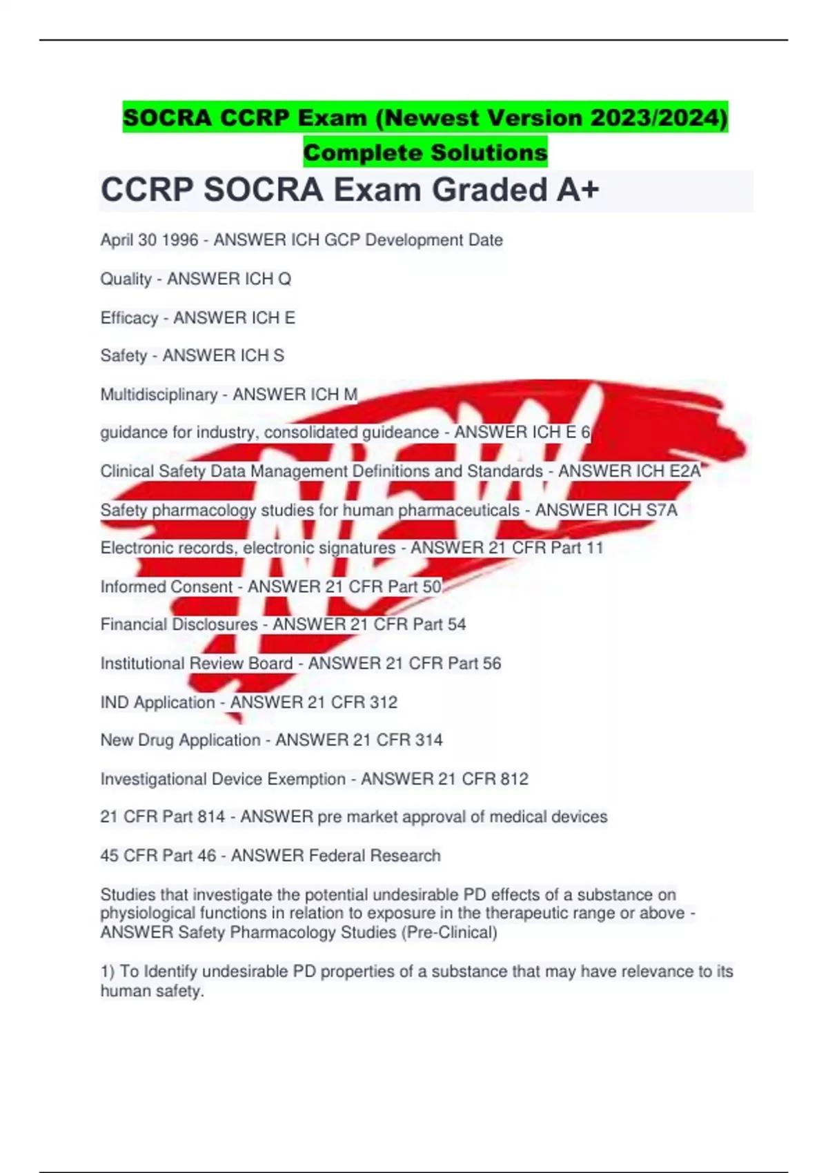 SOCRA CCRP Exam (Newest Version 2023/2024) Complete Solutions CCRP
