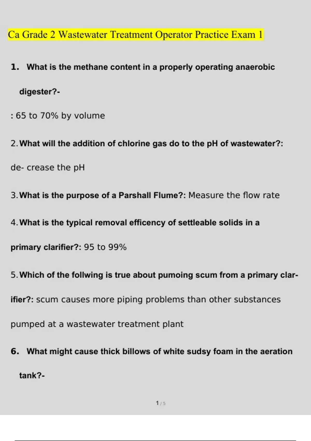 Ca Grade 2 Wastewater Treatment Operator Practice Exam 1 EXAM Questions