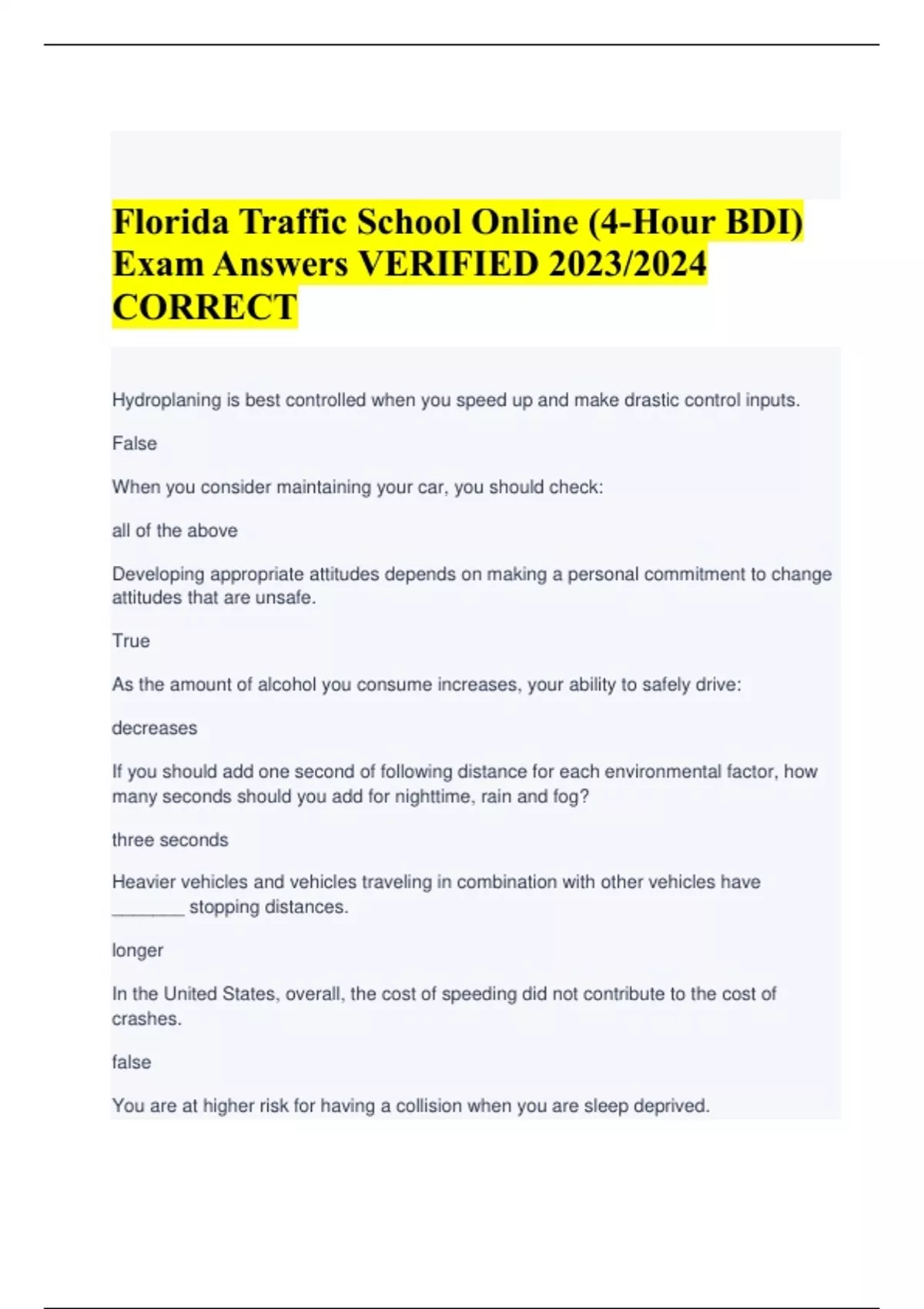 Florida Traffic School Online (4Hour BDI) Exam Answers VERIFIED 2023/