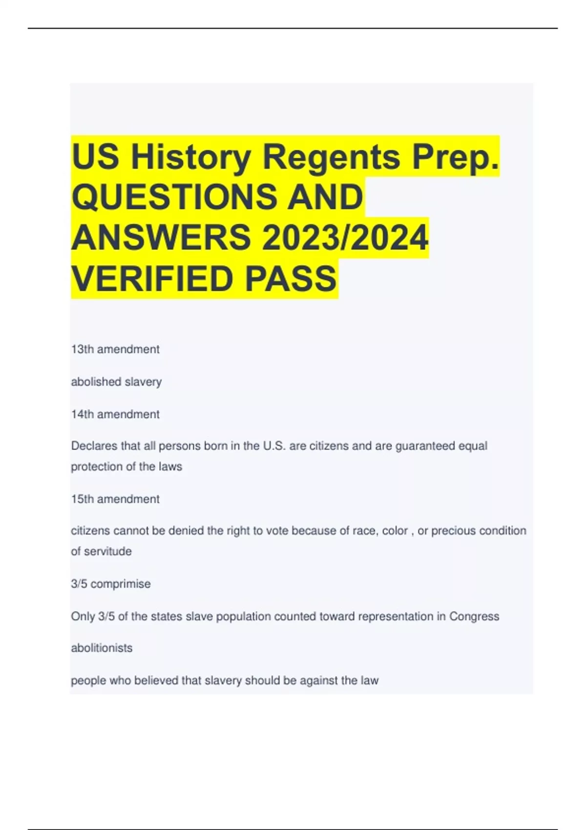 US History Regents Prep. QUESTIONS AND ANSWERS 2023/2024 VERIFIED PASS