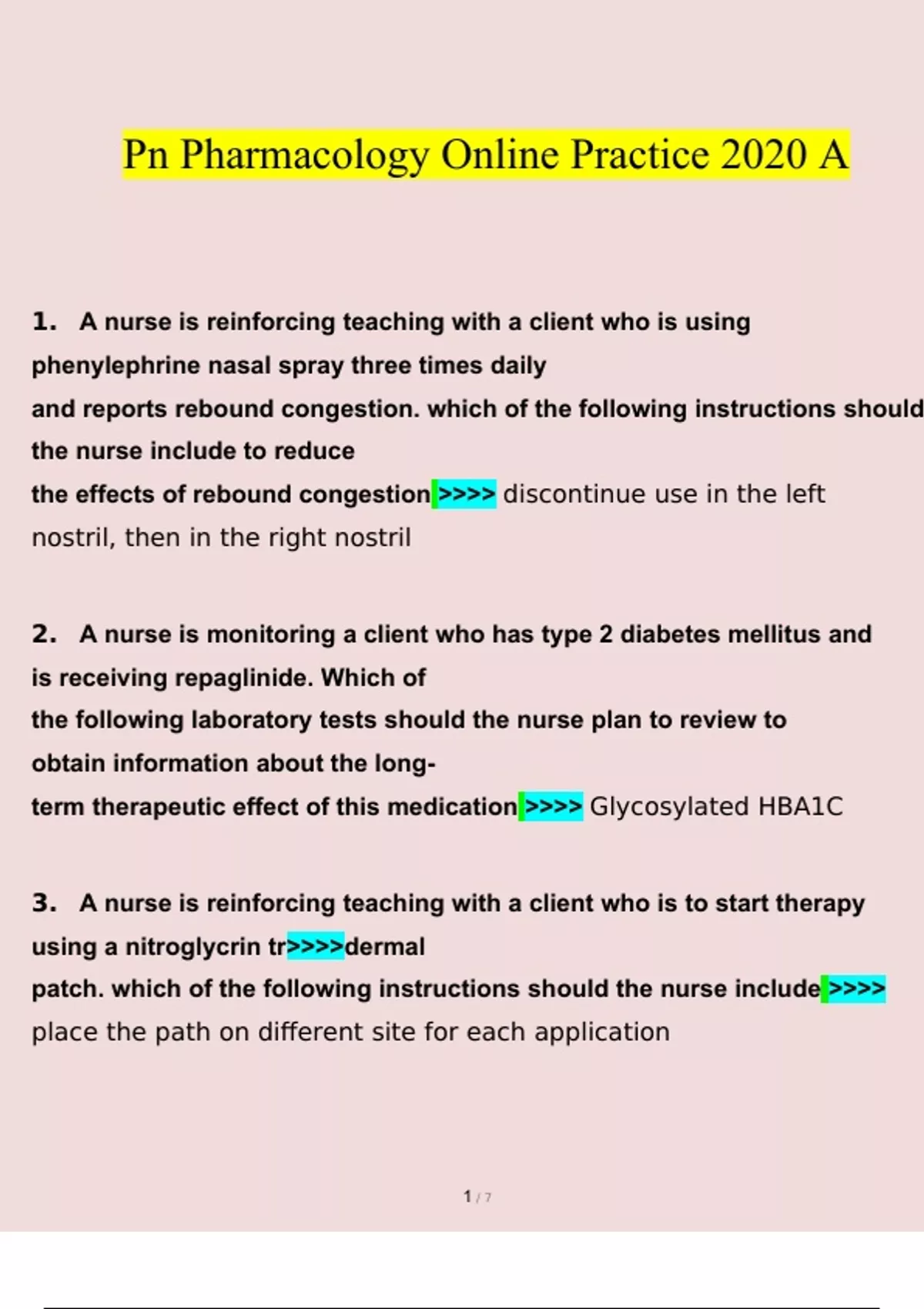 pn pharmacology online practice 2020 A Questions 2023 2024 With