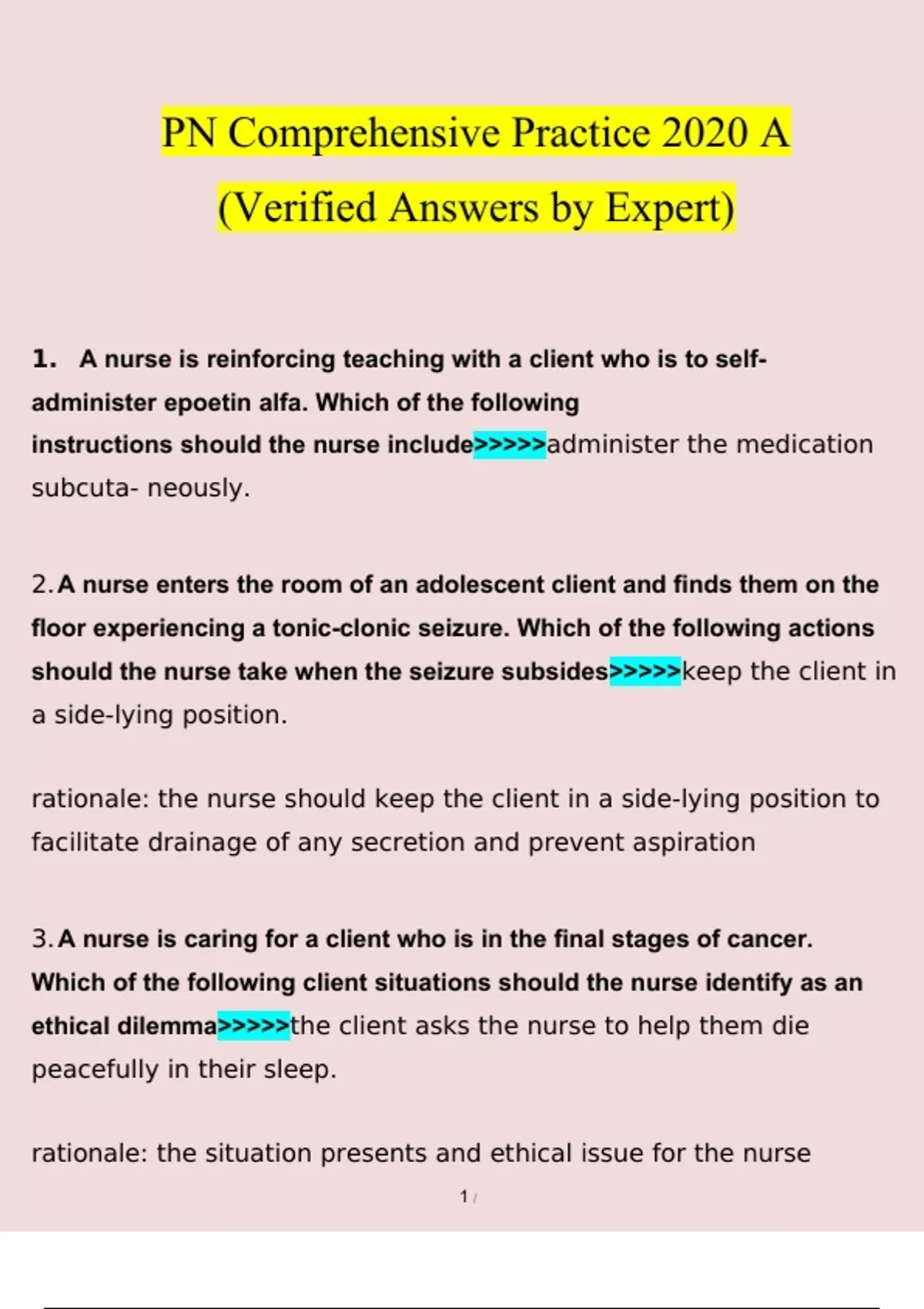 PN Comprehensive Online Practice 2020 a Questions With Verified Answers