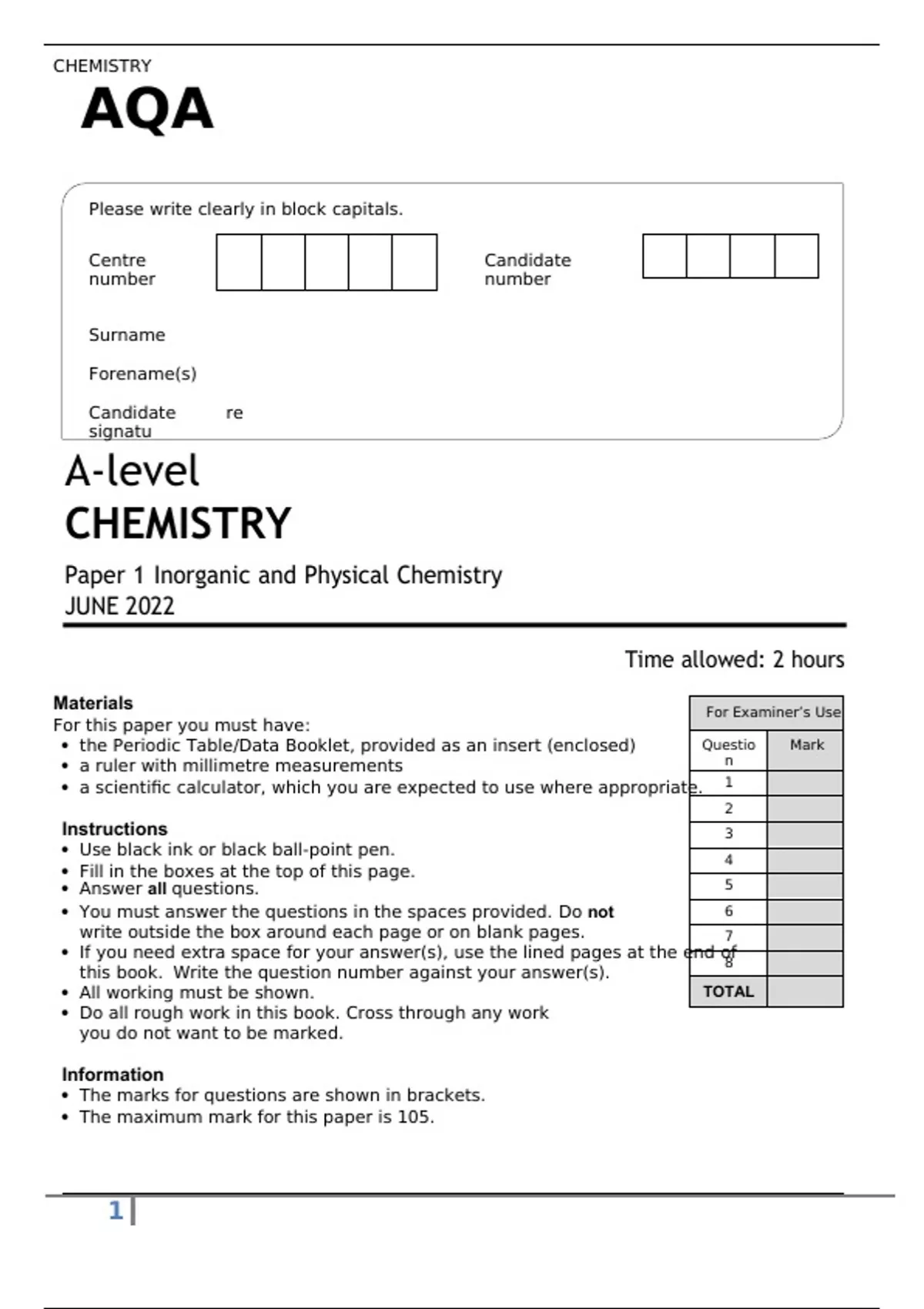 AQA A LEVEL CHEMISTRY PAPER 1,2,3 JUNE 2022 OFFICIAL QUESTION PAPERS ...