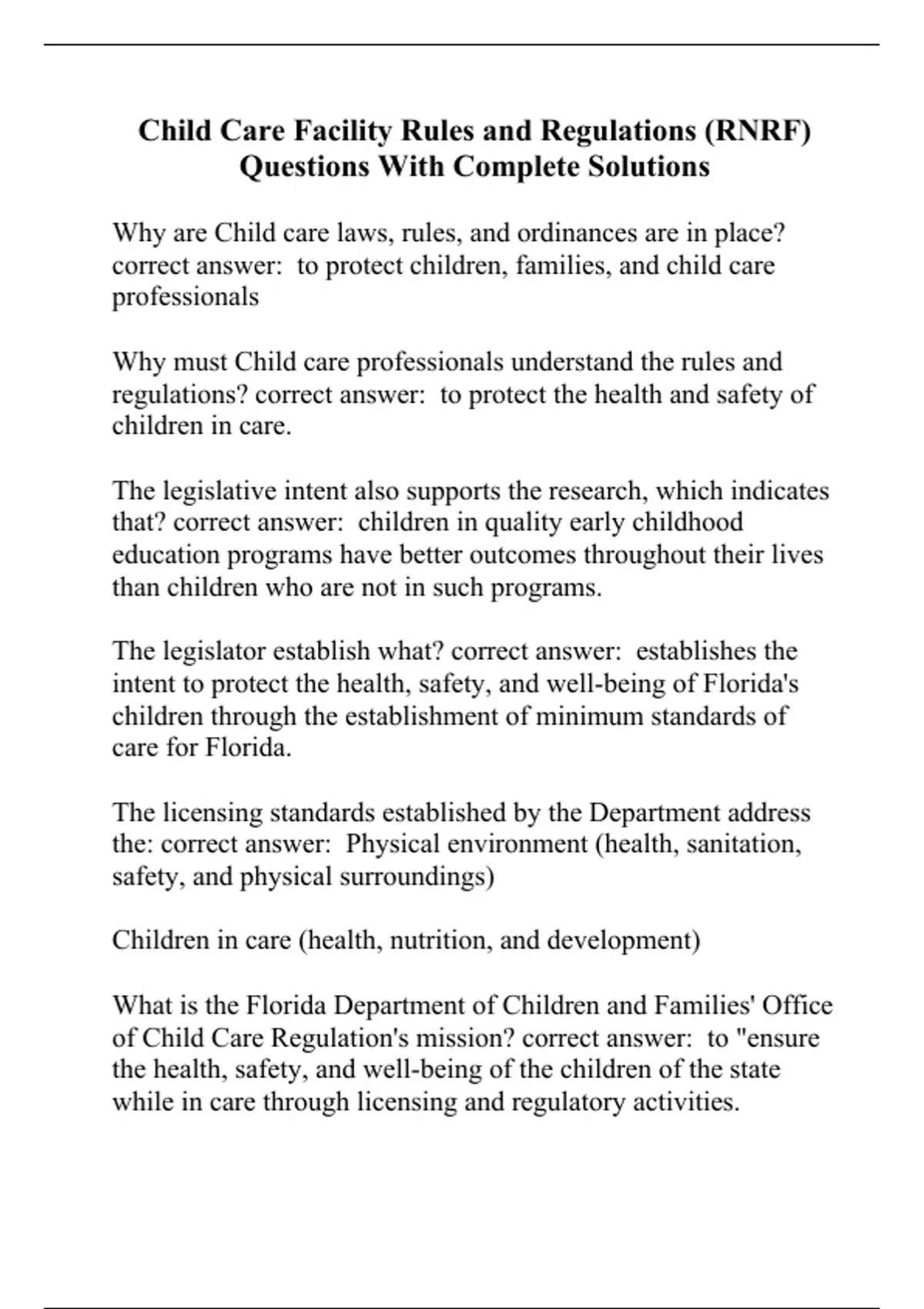 Child Care Facility Rules And Regulations RNRF Questions With 