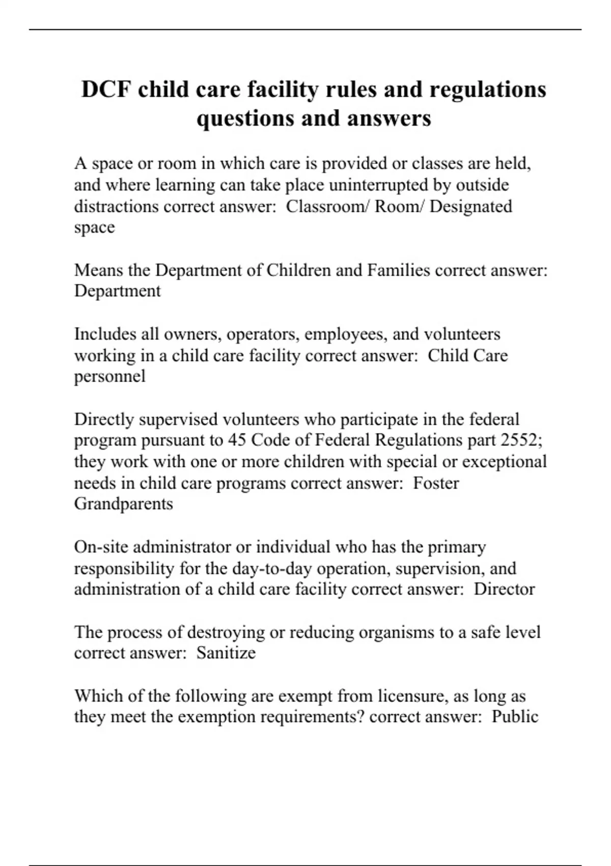 DCF Child Care Facility Rules And Regulations Questions And Answers 