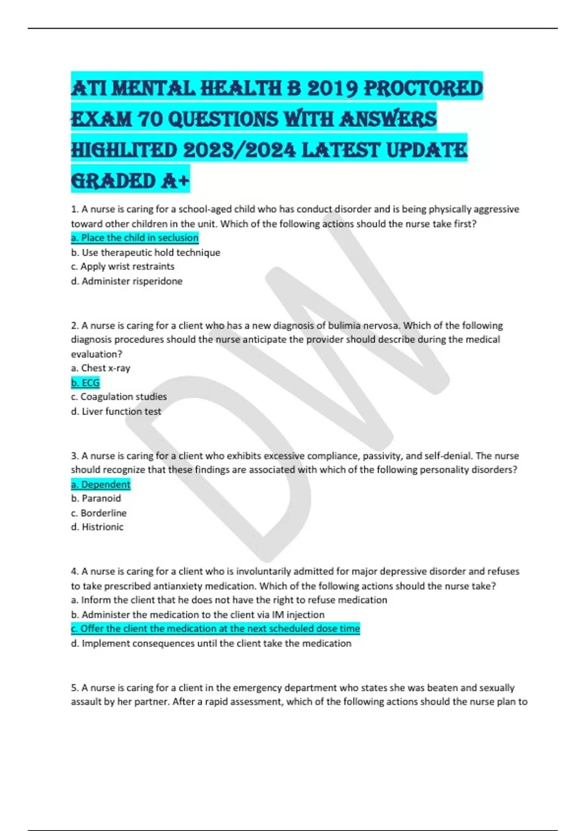 ATI MENTAL HEALTH B 2019 PROCTORED EXAM 70 QUESTIONS WITH ANSWERS ...