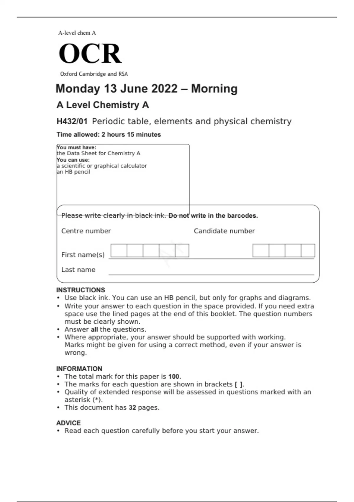 OCR A Level Chemistry A H432/01 JUNE 2022 QUESTION PAPERPeriodic table