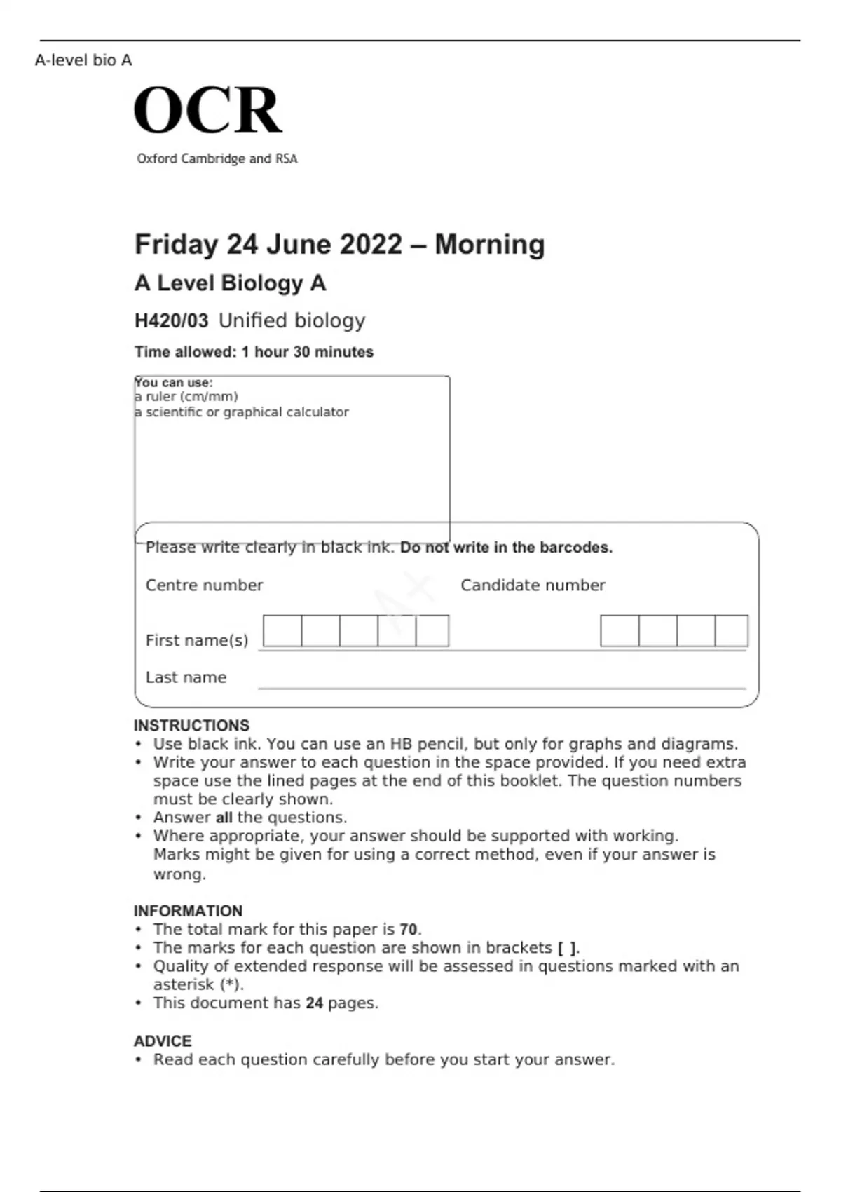 OCR A Level Biology A H420 03 JUNE 2022 QUESTION PAPERUnified Biology 