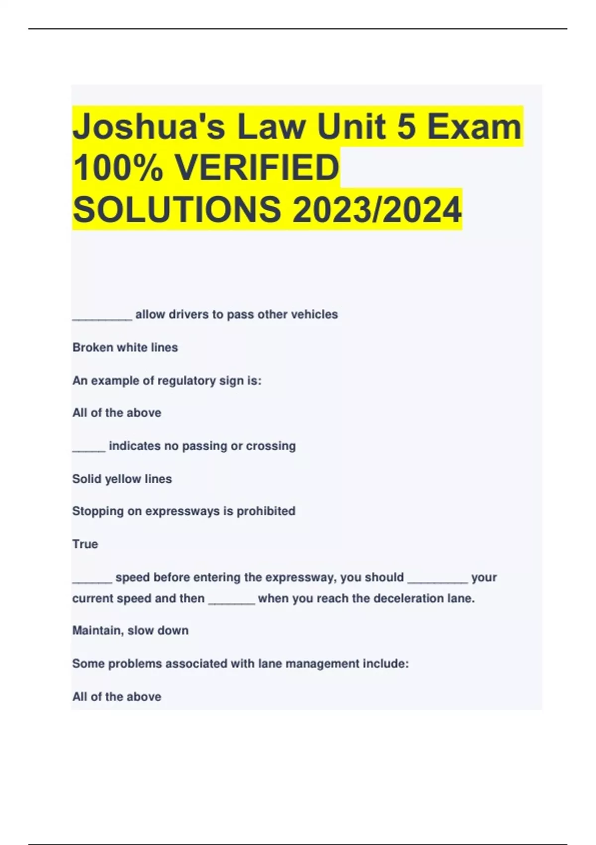 Joshua's Law Unit 5 Exam 100% VERIFIED SOLUTIONS 2023/2024 - Joshua\'s ...