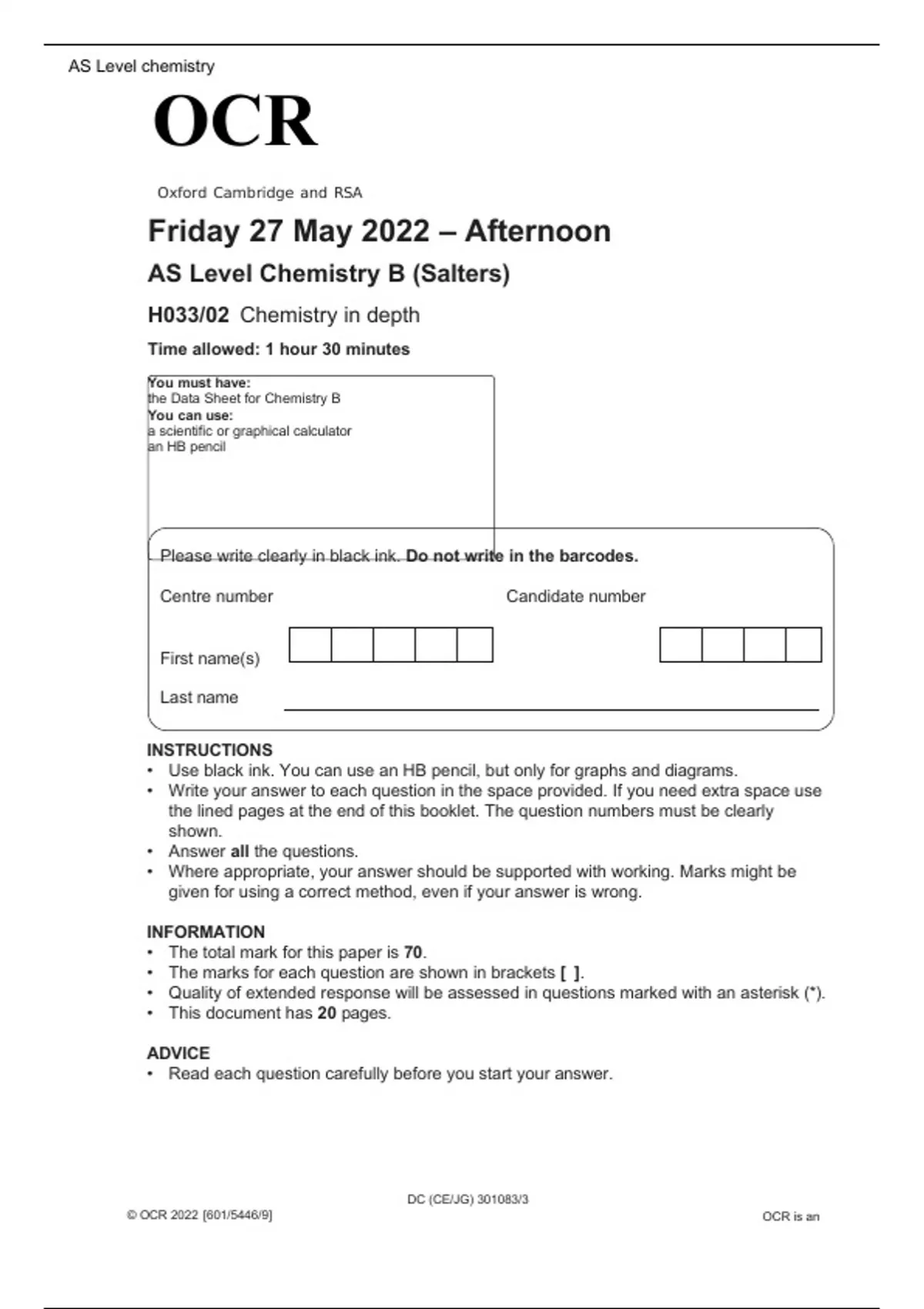 OCR AS Level Chemistry B (Salters) H033/02 JUNE 2022 QUESTION PAPER ...