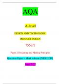 AQA A-level DESIGN AND TECHNOLOGY: PRODUCT DESIGN 7552/2 Paper 2 Designing and Making Principles Question Paper + Mark scheme [MERGED] June 2022 G/KL/Jun22/E5 7552/2 (JUN227552201) A-level DESIGN AND TECHNOLOGY: PRODUCT DESIGN