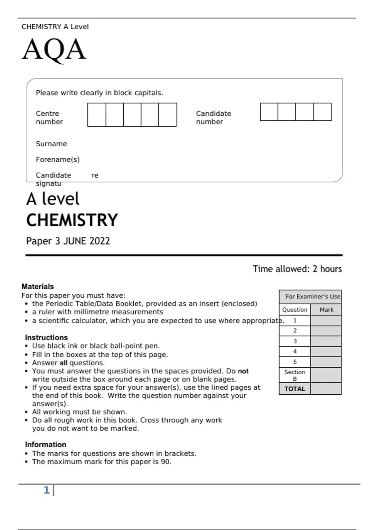 AQA A level CHEMISTRY Paper 3 JUNE 2022 QUESTION PAPER AND MARK SCHEME ...