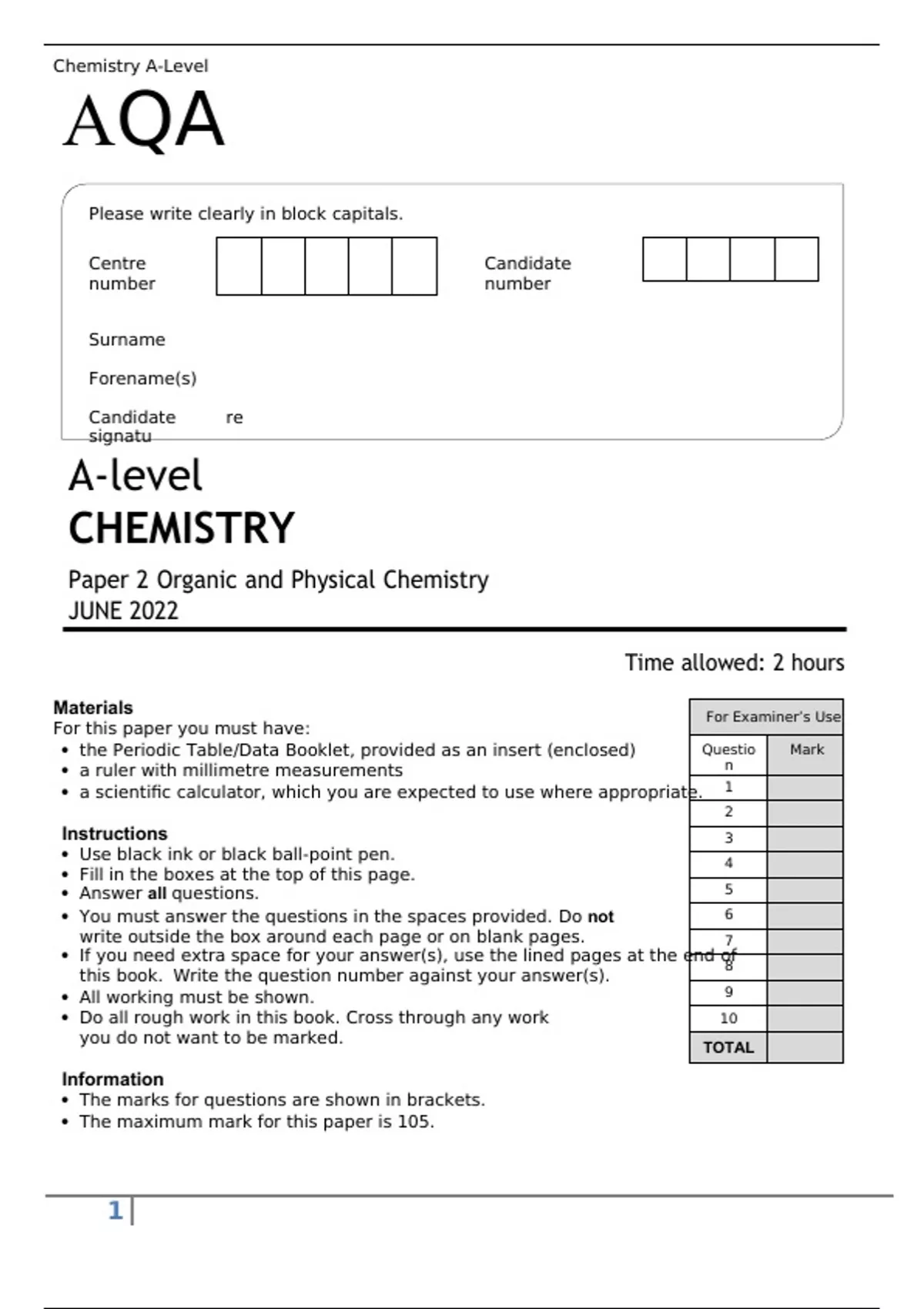 Chemistry Paper 2 Subjects