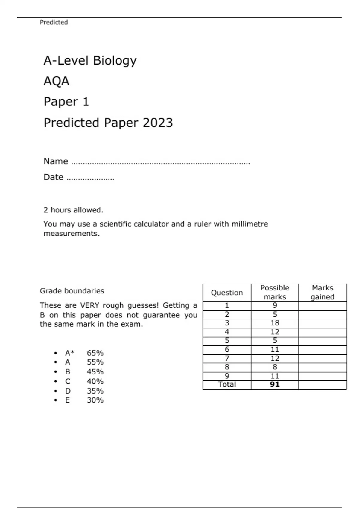 AQA A Level Biology Paper 1 Predicted Paper 2023 Attached With Mark 