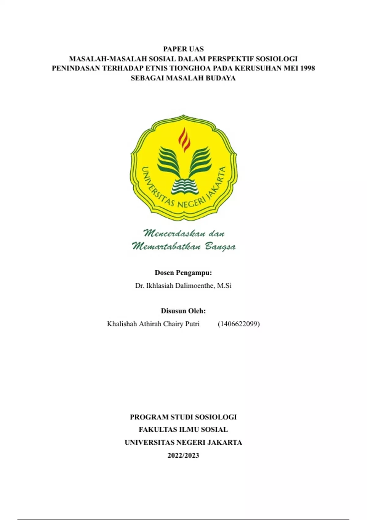 Penindasan Etnis Tionghoa pada Kerusuhan Mei 1998 - Soc22 - Stuvia US