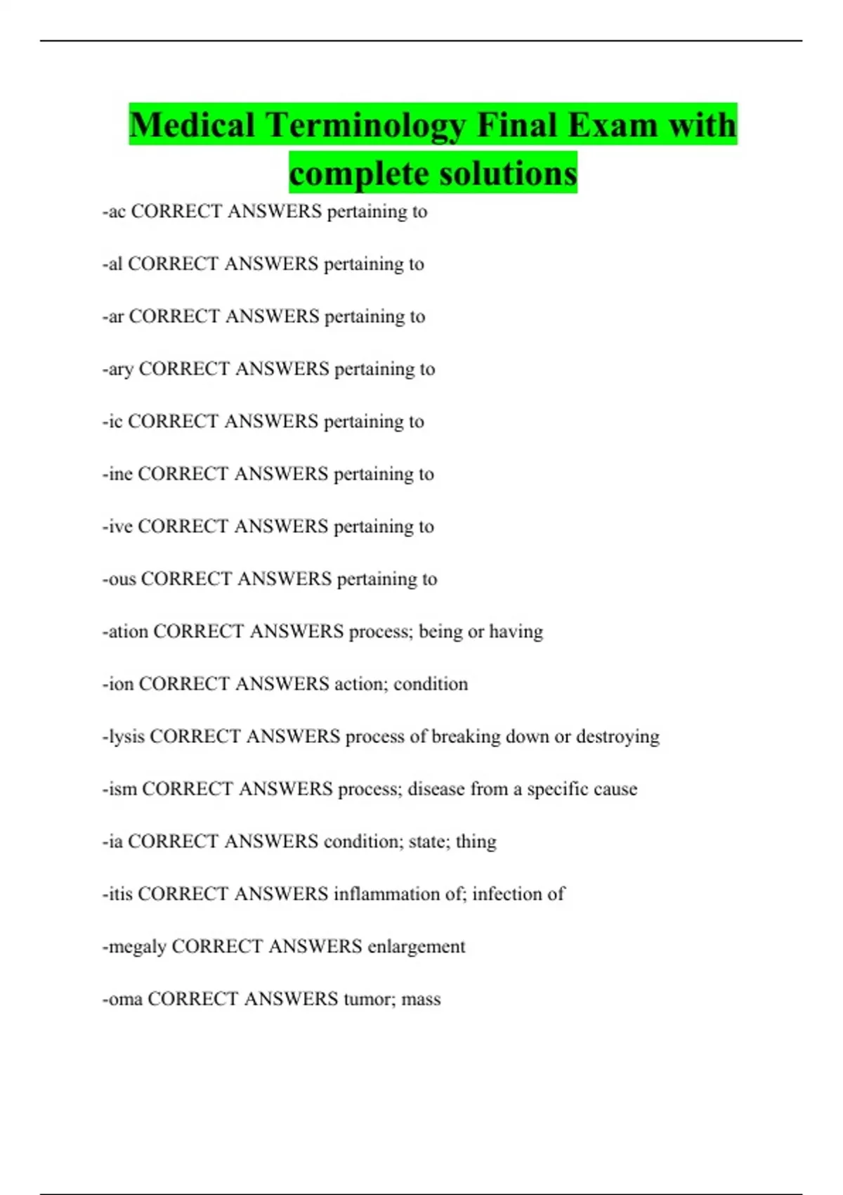 Medical Terminology Final Exam With Complete Solutions - Medical ...