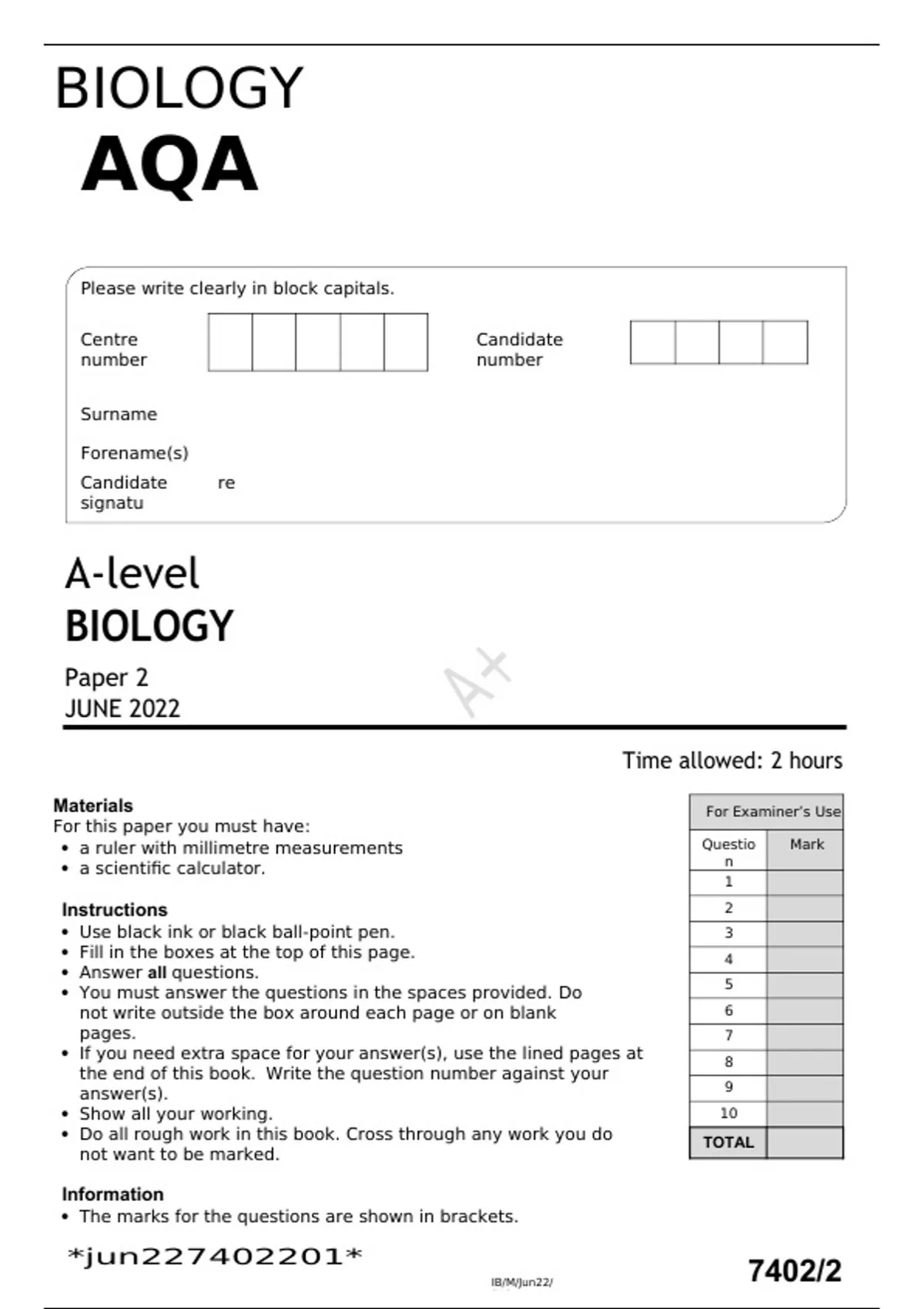 AQA JUNE 2022 A-level BIOLOGY Paper 2 FINAL QUESTION PAPER - A-level ...