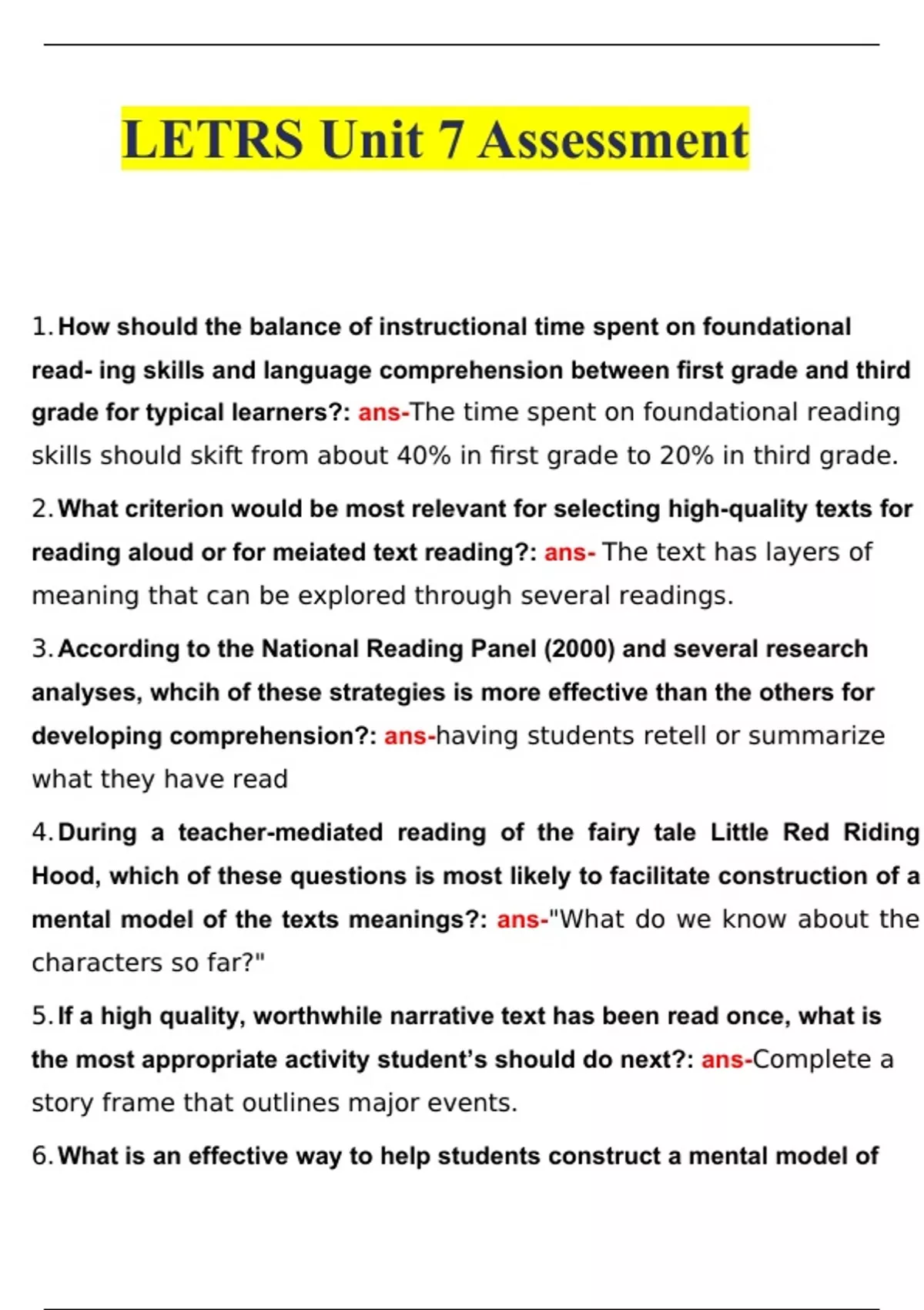 LETRS Unit 7 Assessment Questions and Answers (2022/2023) (Verified ...