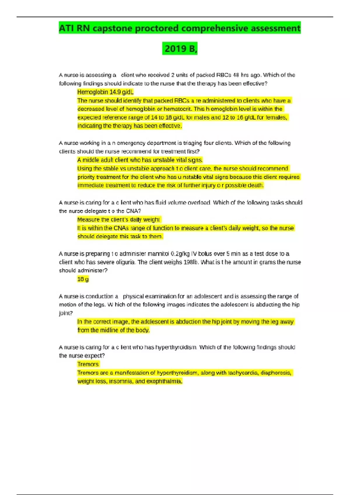 ATI RN Capstone Proctored Comprehensive Assessment 2019 B, NSG 4060 ...