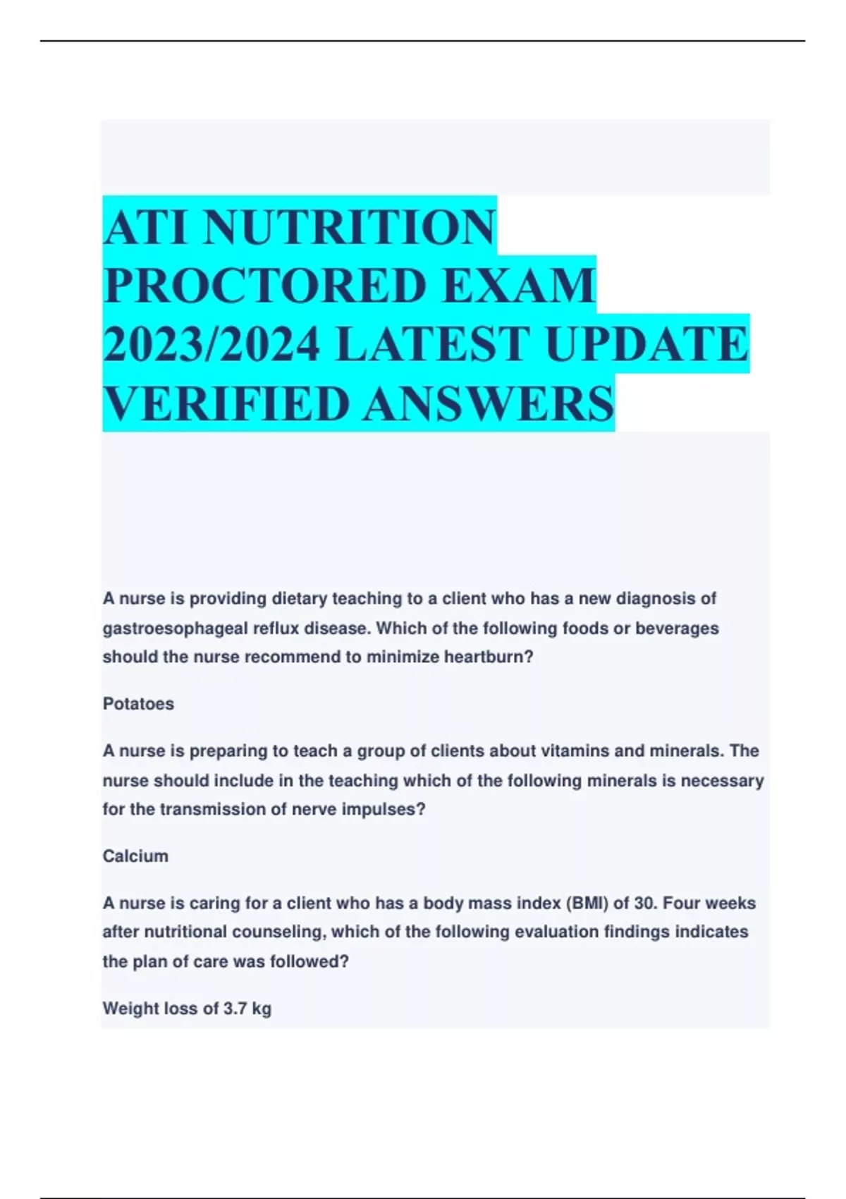 ATI NUTRITION PROCTORED EXAM 2023/2024 LATEST UPDATE VERIFIED ANSWERS ...