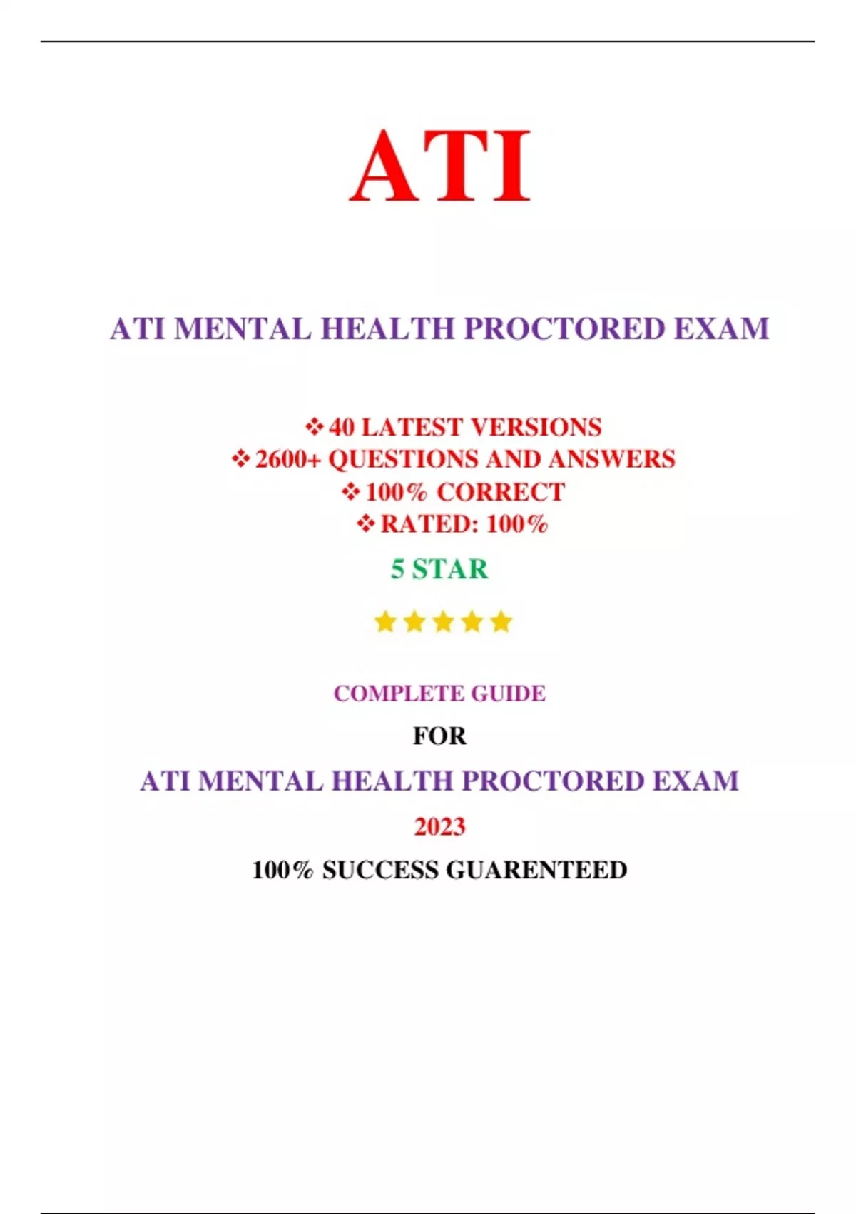 ATI MENTAL HEALTH PROCTORED EXAM (40 VERSIONS, NEW-2023) / MENTAL ...