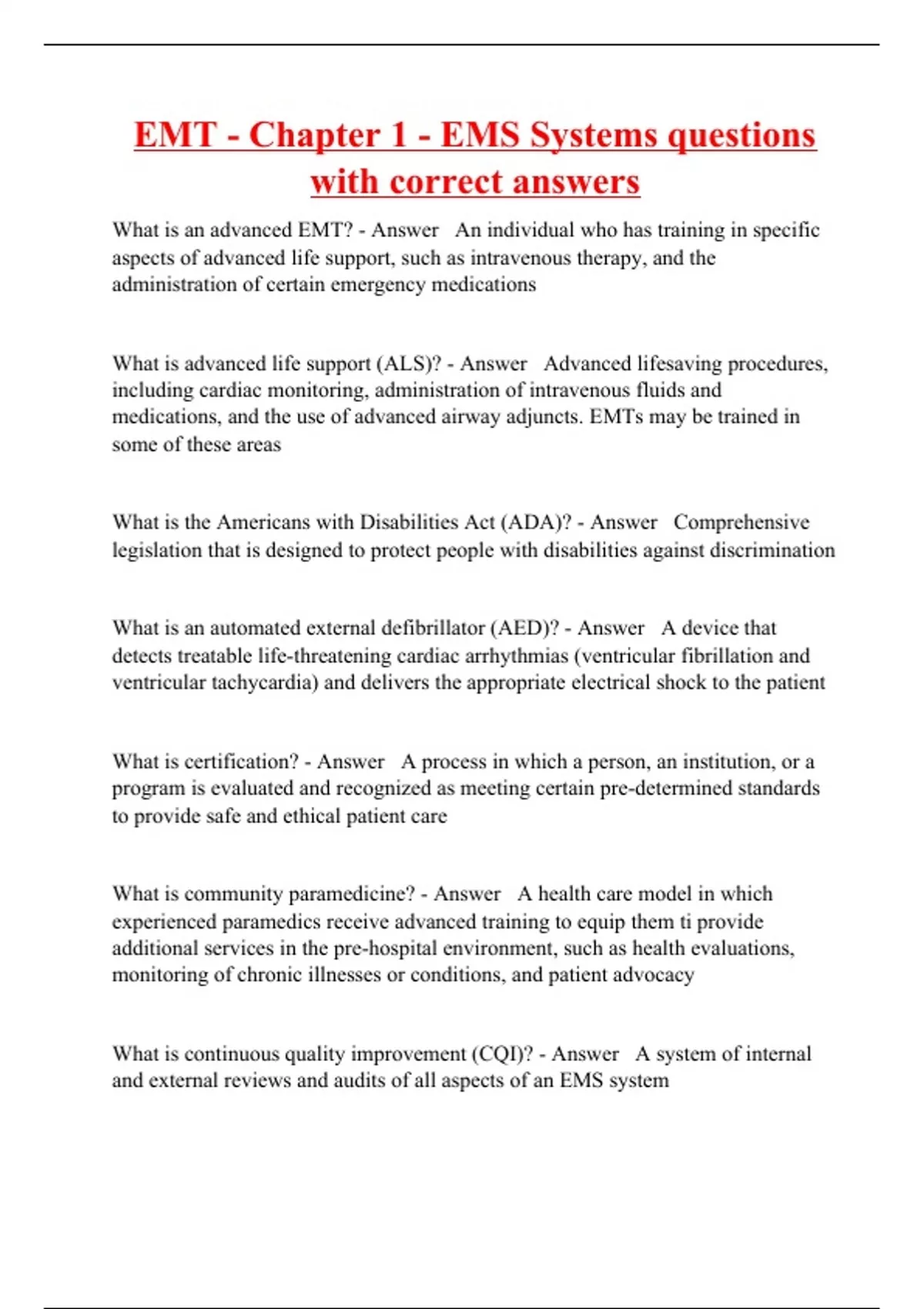 EMT - Chapter 1 - EMS Systems Questions With Correct Answers - EMT ...
