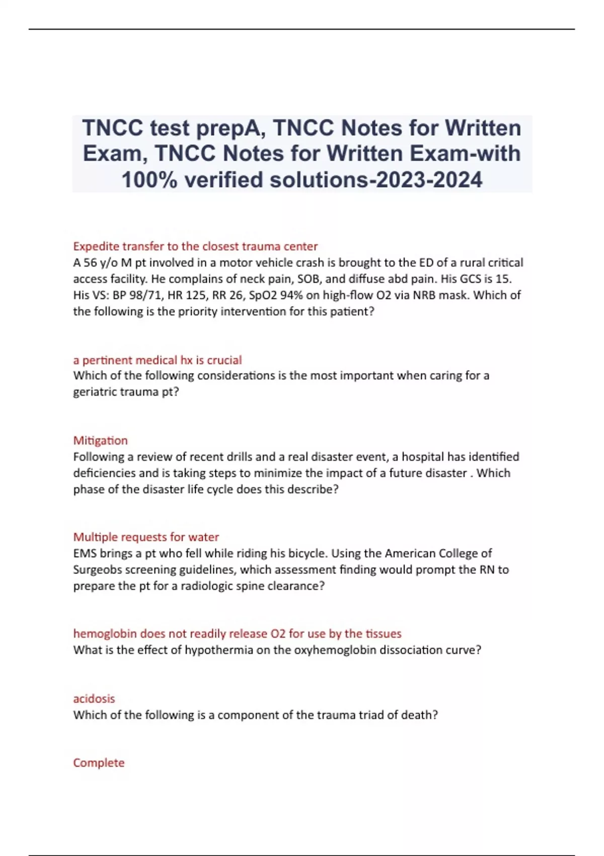 TNCC test prepA, TNCC Notes for Written Exam, TNCC Notes for Written