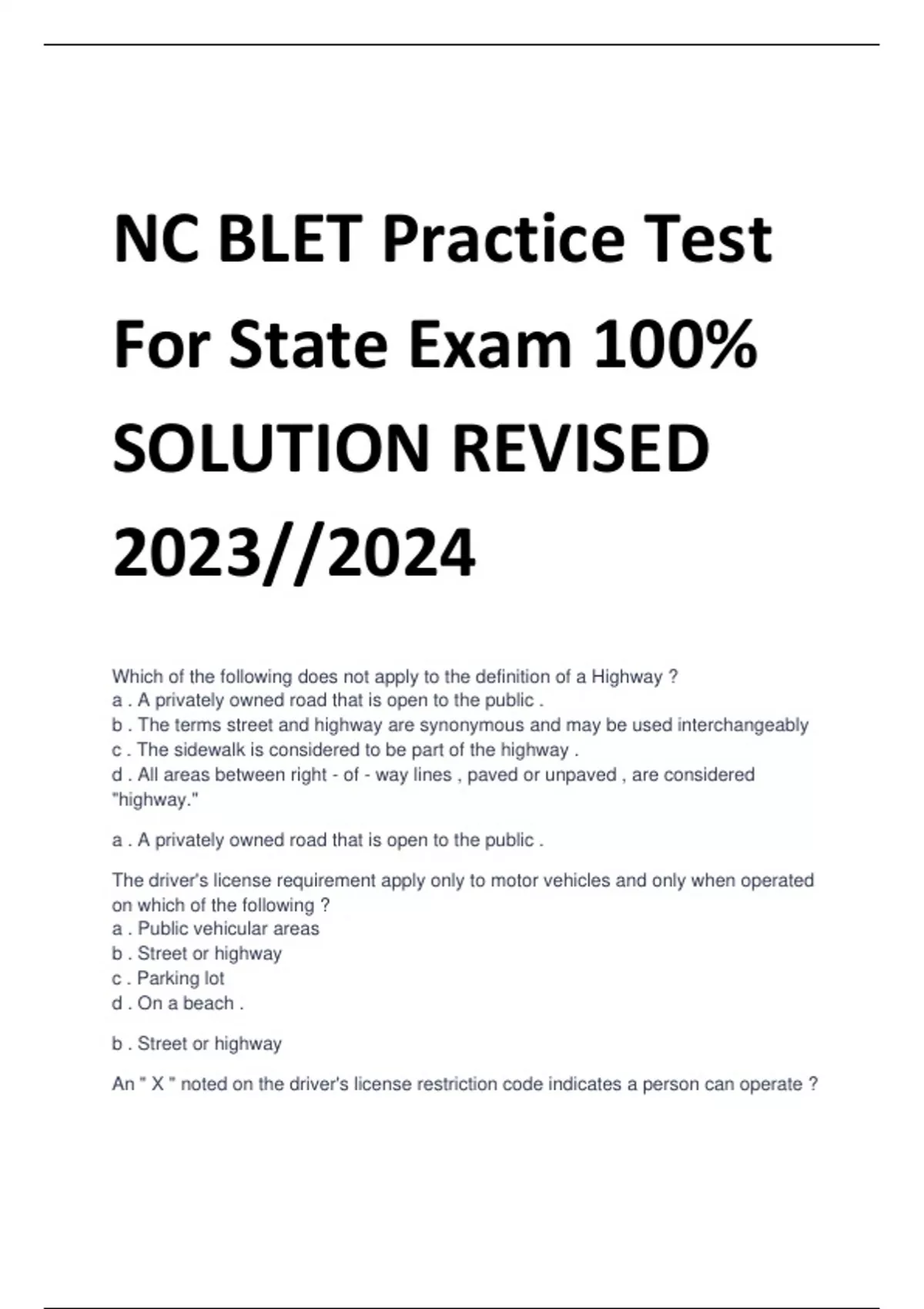 NC BLET Practice Test For State Exam 100 SOLUTION REVISED 2023//2024