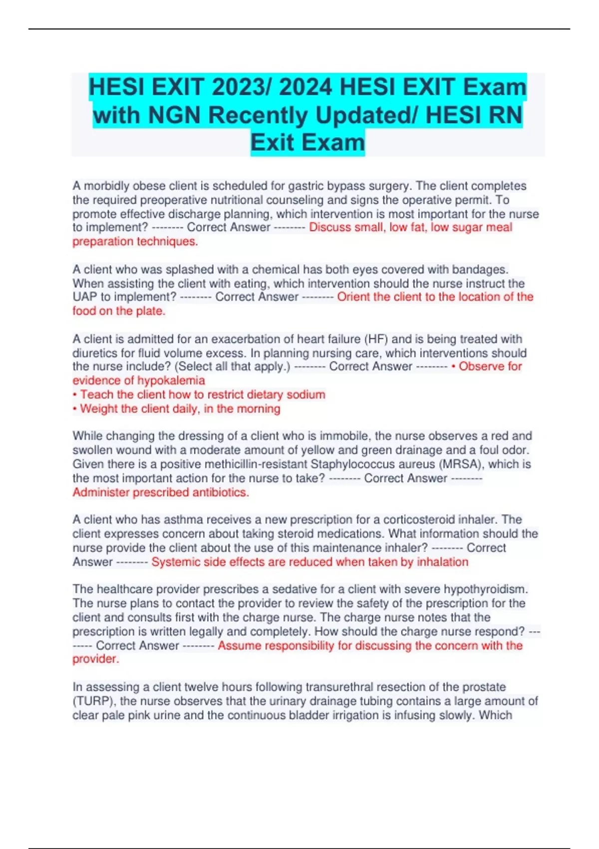 HESI EXIT 2023/ 2024 HESI EXIT Exam with NGN Recently Updated/ HESI RN