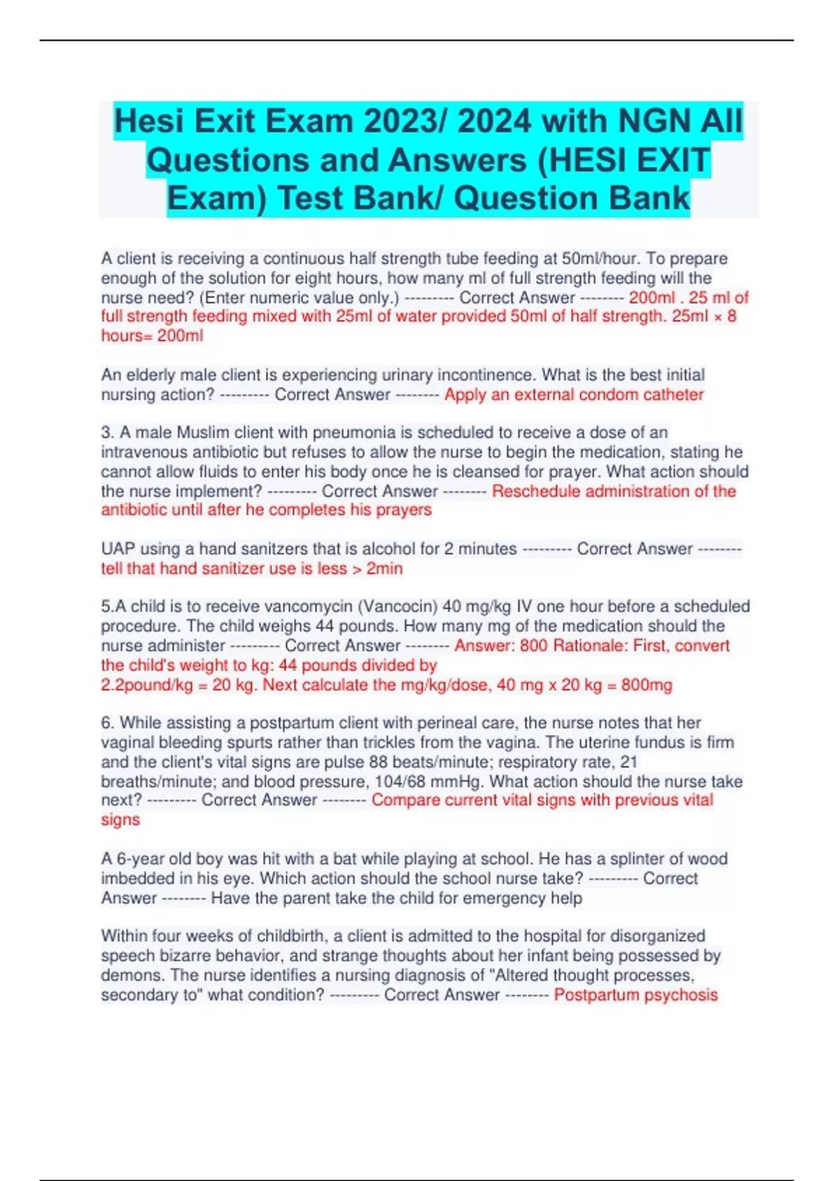 Hesi Exit Exam 2023/ 2024 with NGN All Questions and Answers (HESI EXIT