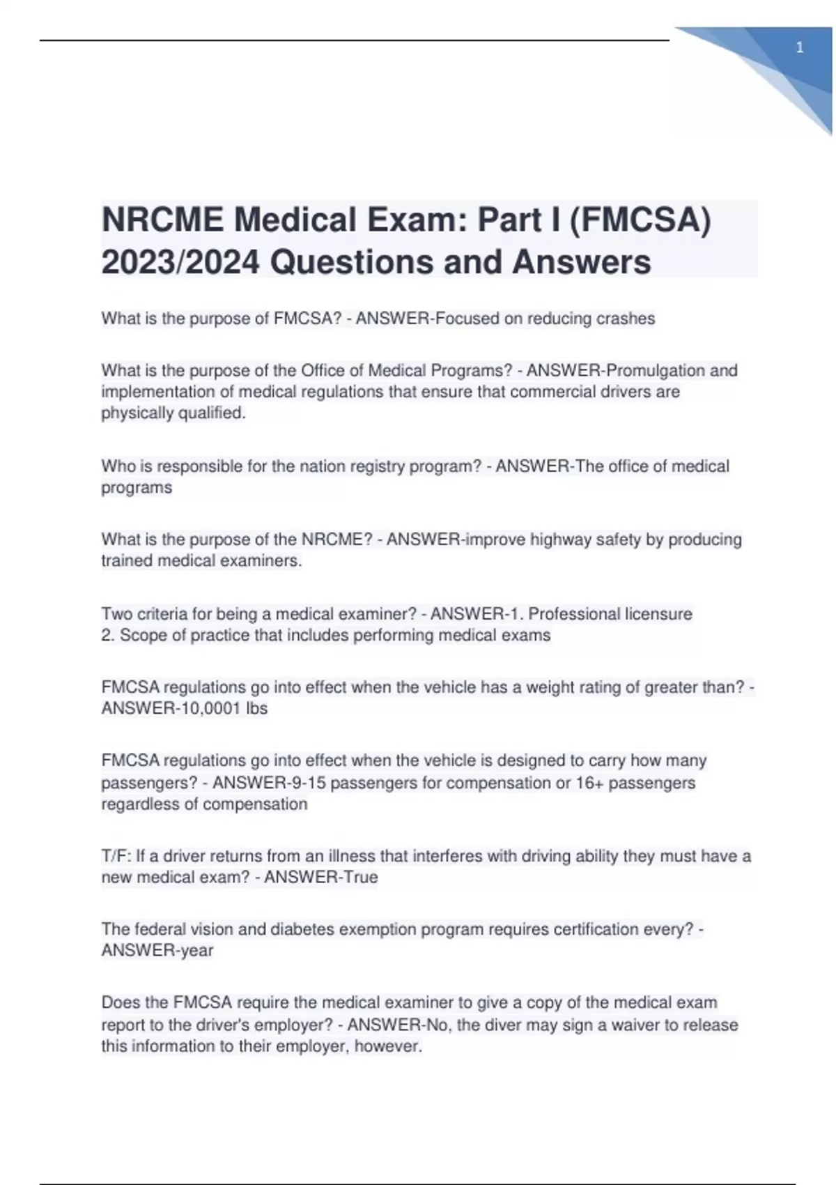 NRCME Medical Exam Part I (FMCSA) 2023/2024 Questions and Answers