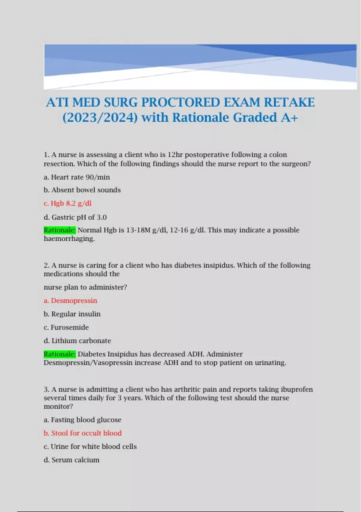 ATI MED SURG PROCTORED EXAM RETAKE (2023/2024) with Rationale Graded A+