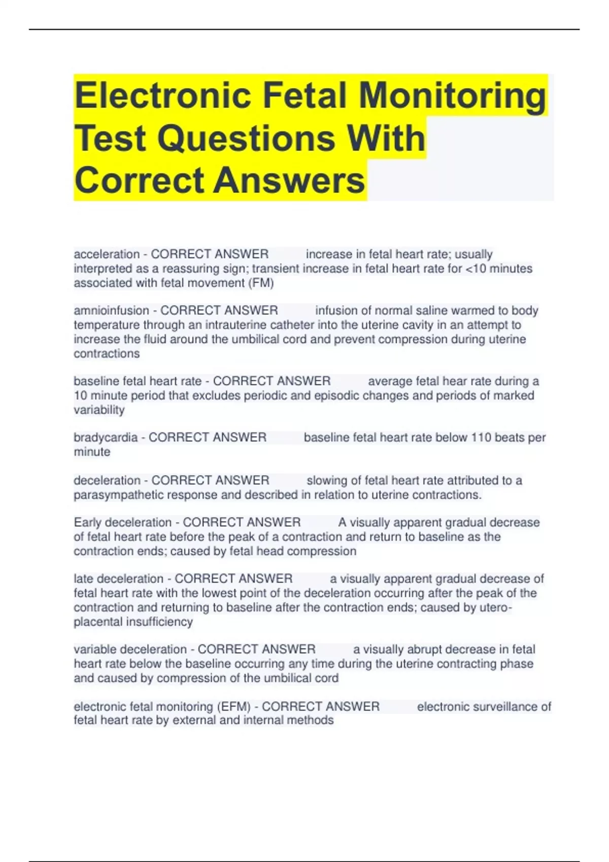 Electronic Fetal Monitoring Test Questions With Correct Answers ...