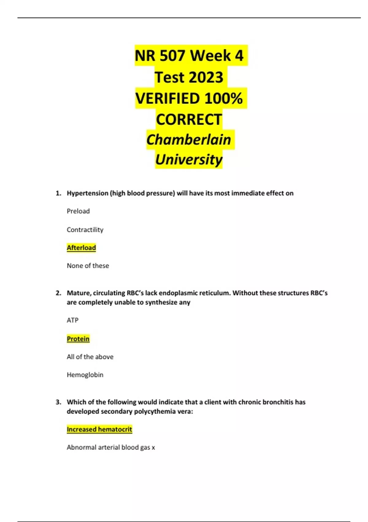 BEST ANSWERS NR 507 Week 4 Test 2023 VERIFIED 100 CORRECT Chamberlain