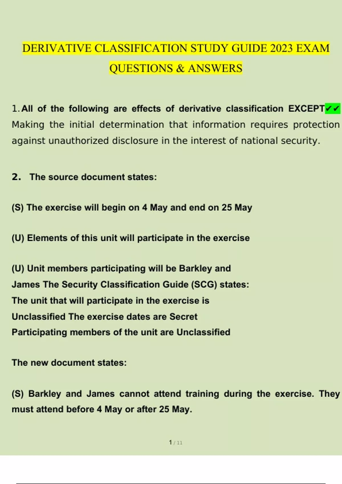 Derivative Classification Exam Study Guide Questions And Answers 2023 