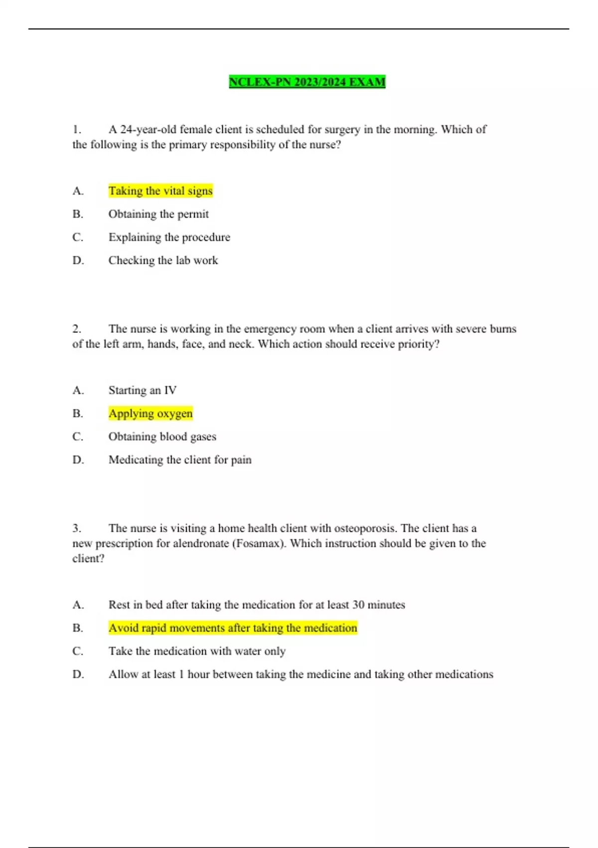 NCLEXPN 2023/2024 EXAM NCLXAM Stuvia US