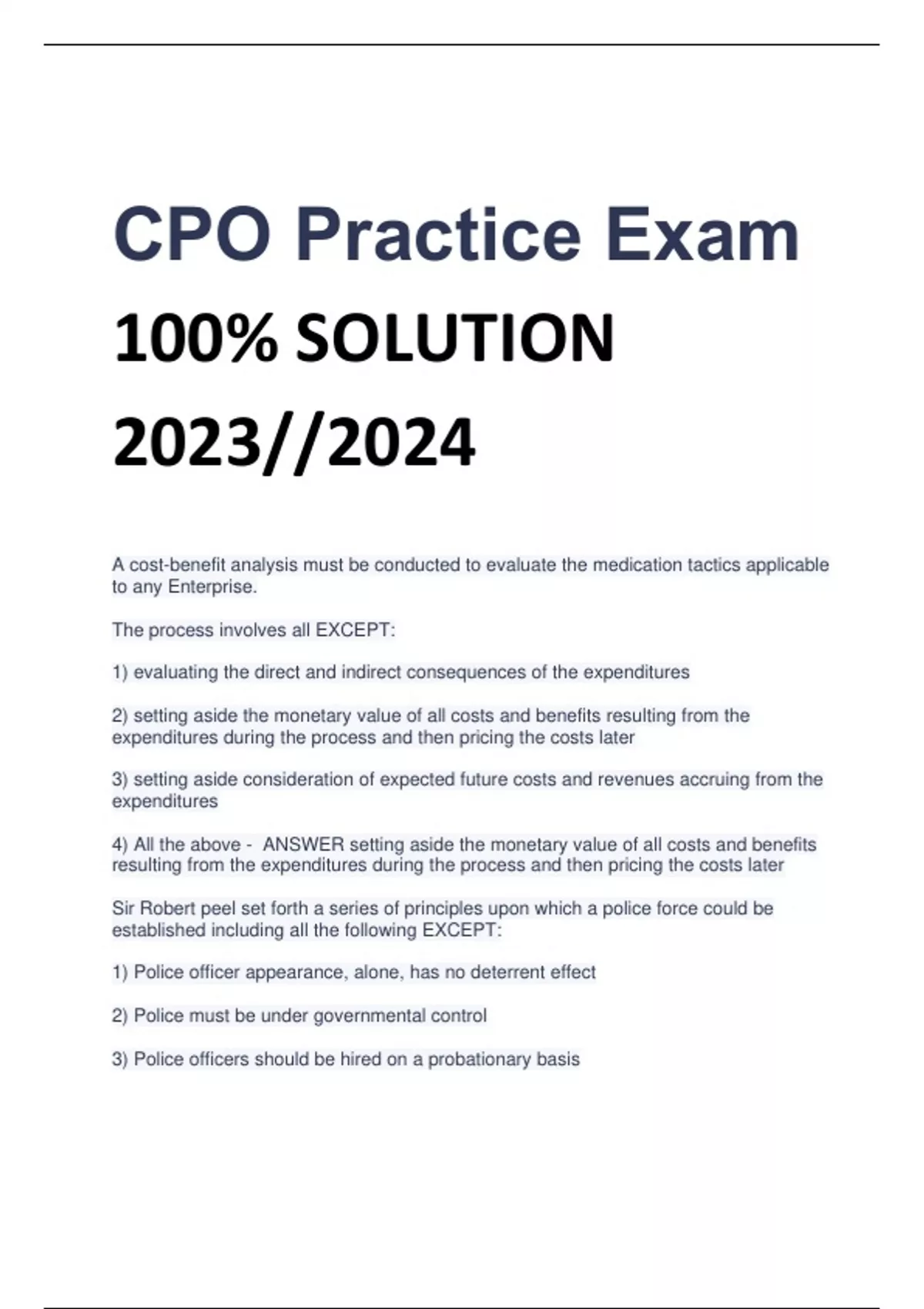 CPO Practice Exam 100 SOLUTION 2023//2024 CPO certified pool