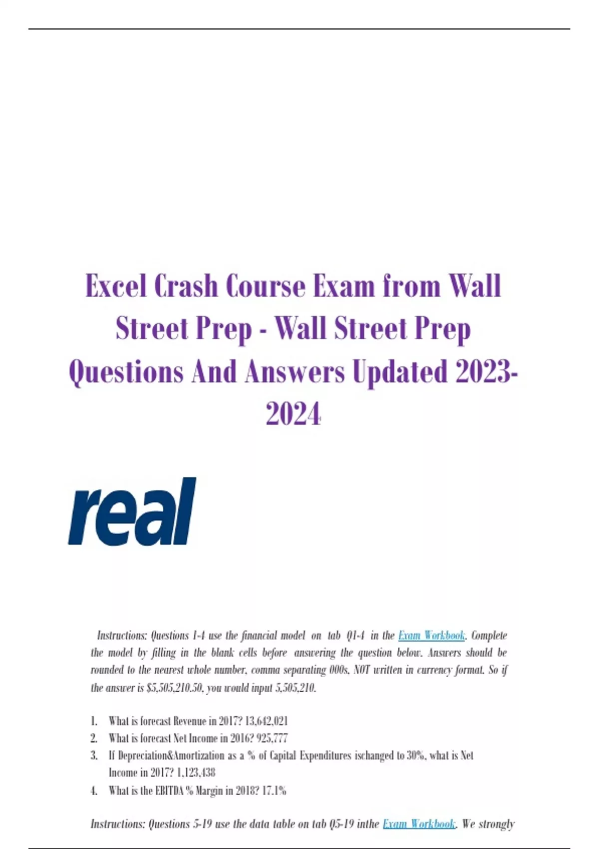 Excel Crash Course Exam from Wall Street Prep Wall Street Prep