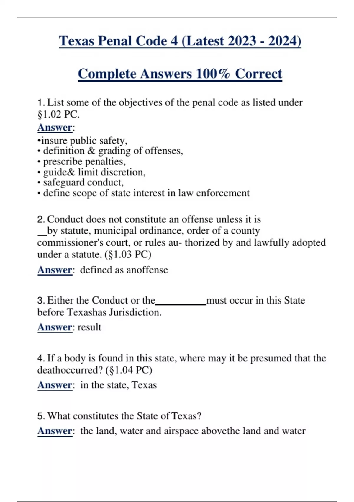 Texas Penal Code 4 (Latest ) Complete Answers 100 Correct Texas