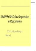 SUMMARY FOR Cellular Organisation and Specialisation