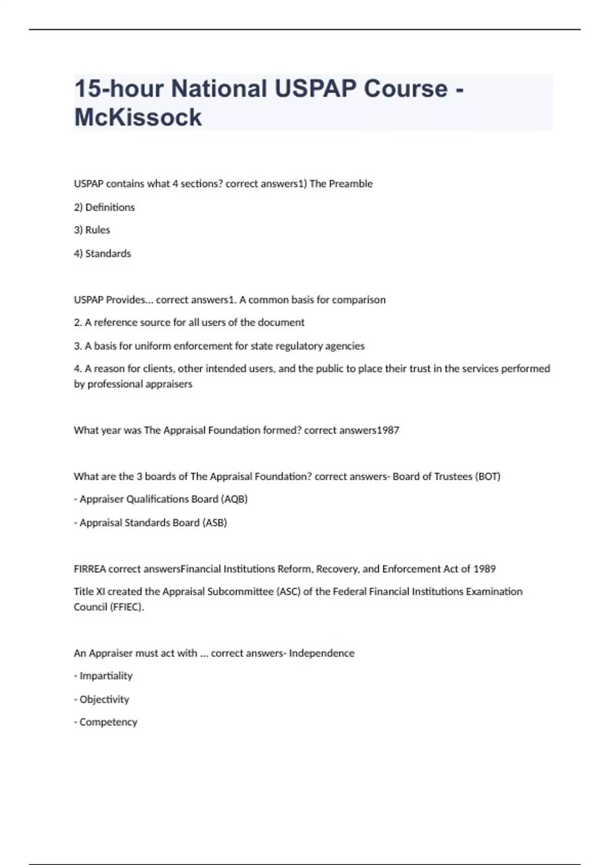 15hour National USPAPMcKissock EXAM 100 CORRECT 15hour National