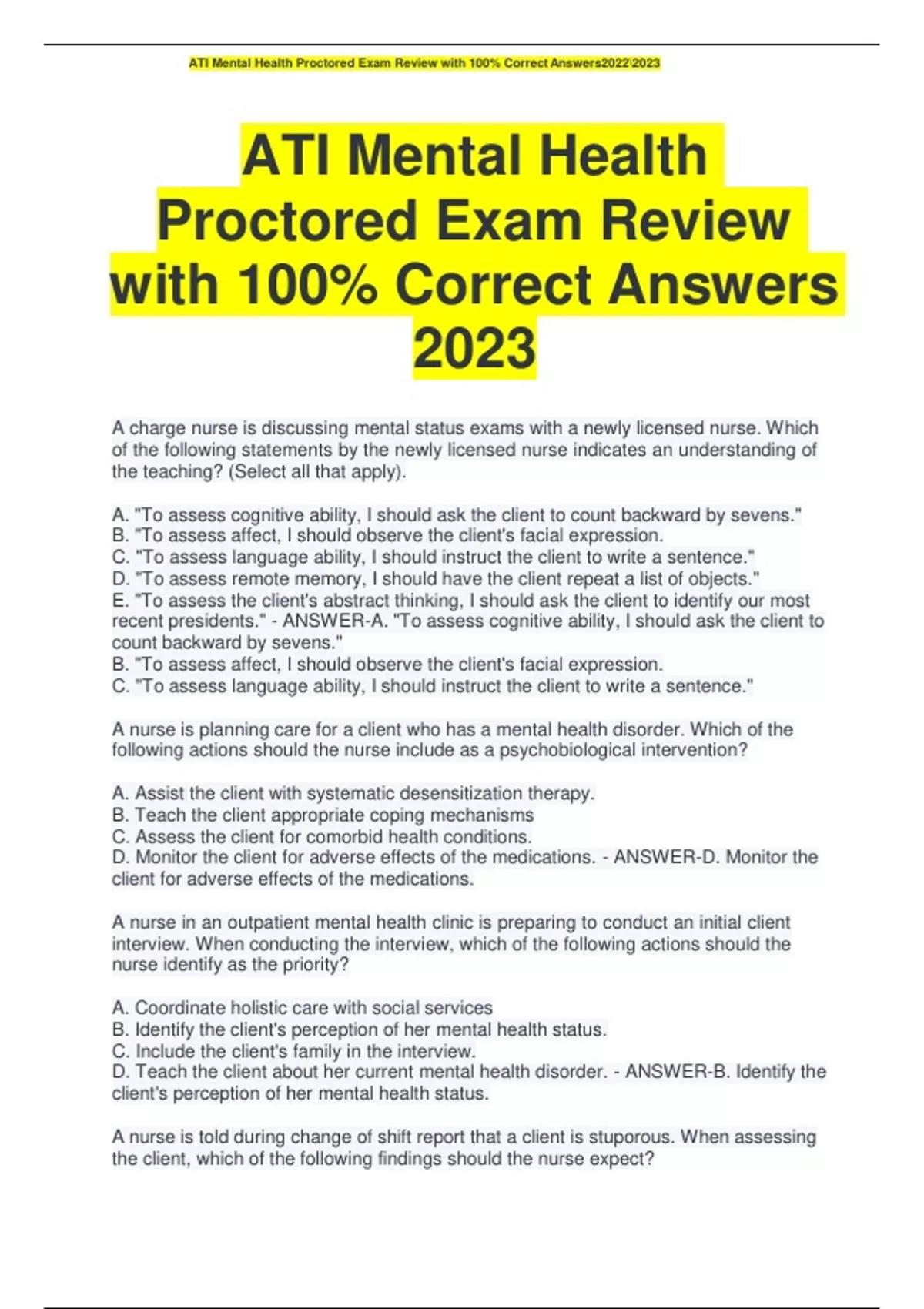 ATI Mental Health Proctored Exam Review with 100 Correct Answers 2023